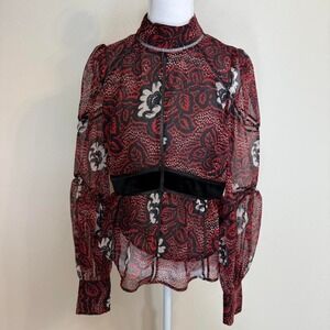 Ted Baker Alexxy Ladder Trim Red & Black Velvet Detail Sheer Blouse Sz 3 NWTs